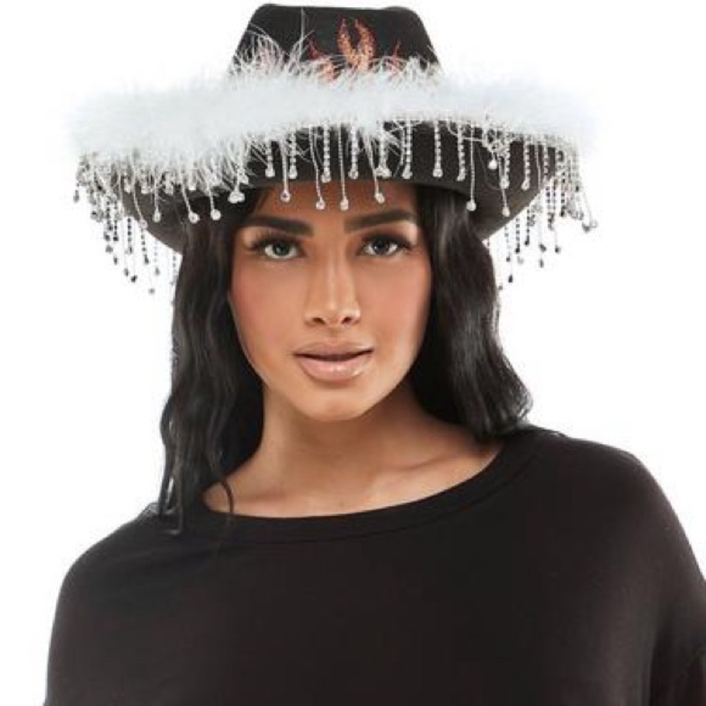 Black flame felt cowboy  hat  White Faux Fur Trim and dangling rhinestones